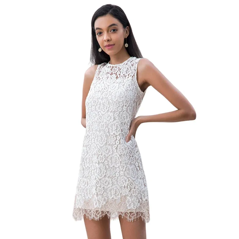 D097-2 Women Peony flower eyelash lace sleeveless fitted day and party mini dress