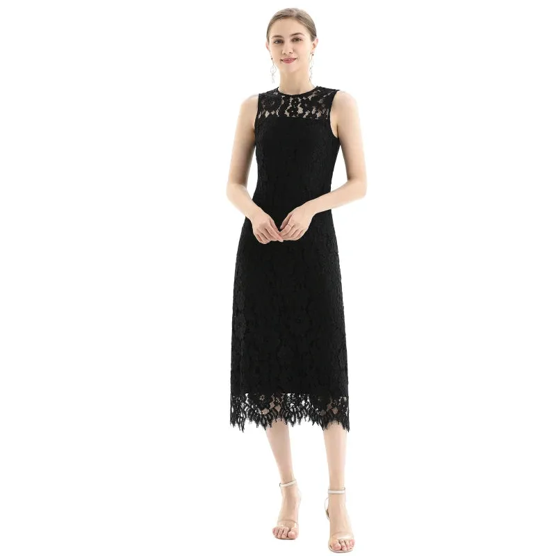 D098 Women Floral eyelash lace sleeveless straight-cut party midi dress