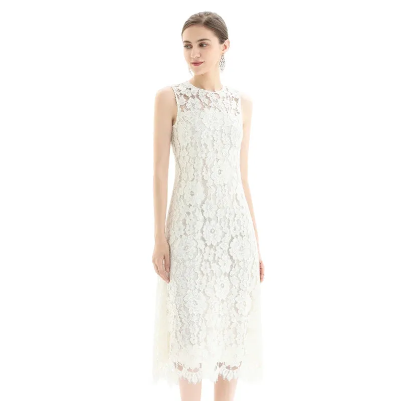 D098 Women Floral eyelash lace sleeveless straight-cut party midi dress