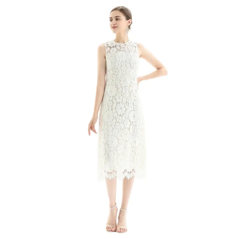 D098 Women Floral eyelash lace sleeveless straight-cut party midi dress