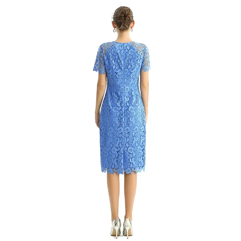 D190 Women floral Macramé lace short sleeves straight-cut day and party midi dress