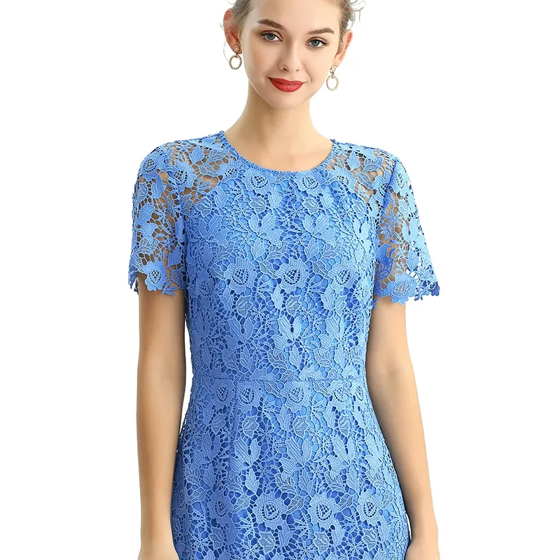 D190 Women floral Macramé lace short sleeves straight-cut day and party midi dress