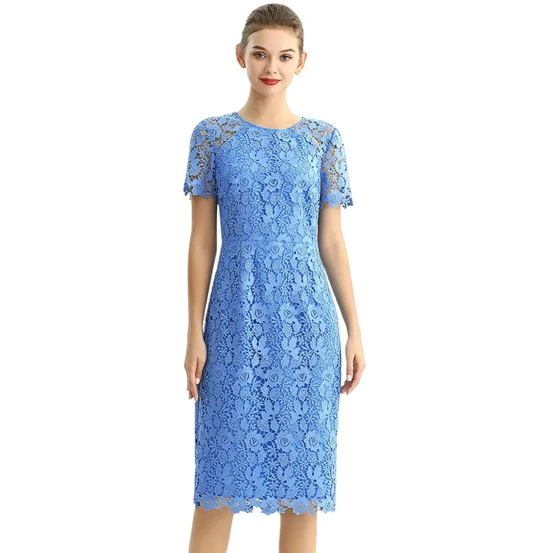 D190 Women floral Macramé lace short sleeves straight-cut day and party midi dress