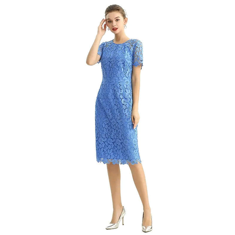 D190 Women floral Macramé lace short sleeves straight-cut day and party midi dress