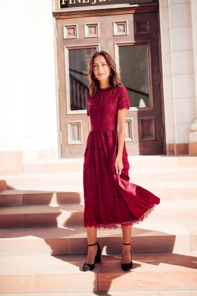 Divine Lace Midi Dress in Burgundy