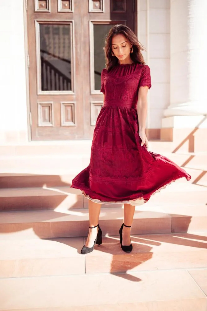 Divine Lace Midi Dress in Burgundy