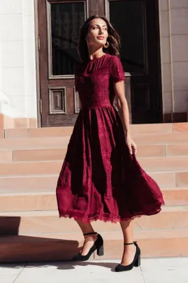 Divine Lace Midi Dress in Burgundy