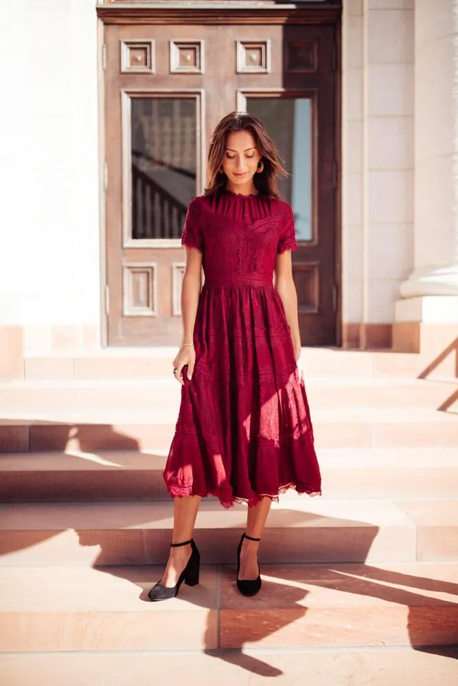 Divine Lace Midi Dress in Burgundy