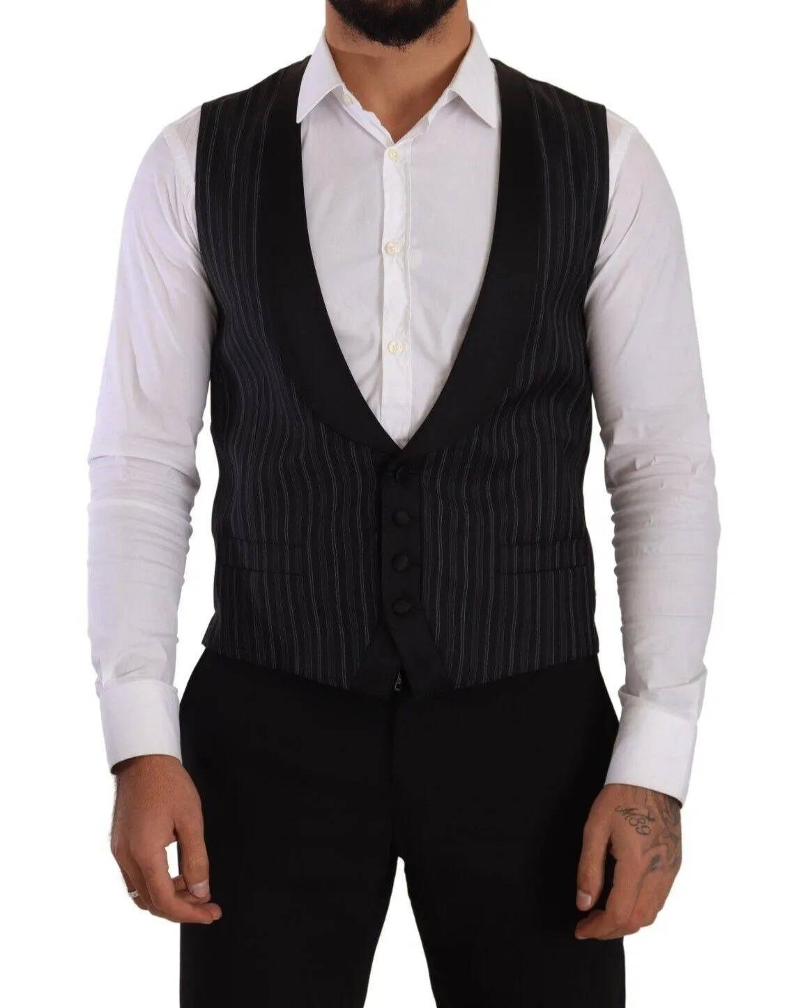 Dolce & Gabbana Men's Black Striped Wool Silk Waistcoat Vest