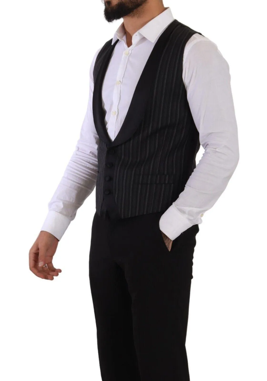 Dolce & Gabbana Men's Black Striped Wool Silk Waistcoat Vest