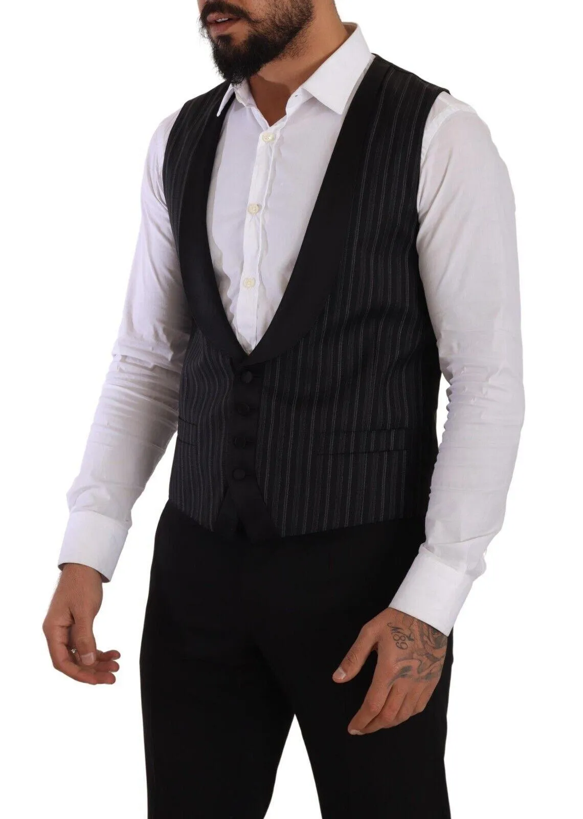 Dolce & Gabbana Men's Black Striped Wool Silk Waistcoat Vest