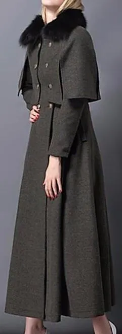 Double-Breasted Military-Style Fur-Collar Long Cape-Coat