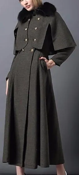 Double-Breasted Military-Style Fur-Collar Long Cape-Coat