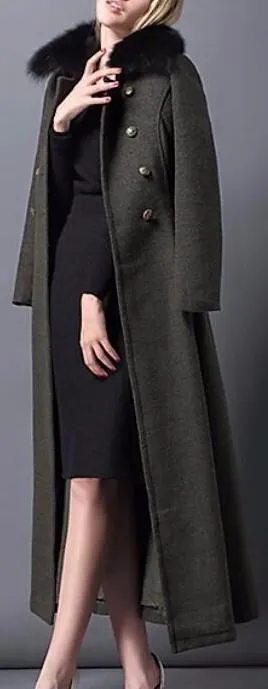 Double-Breasted Military-Style Fur-Collar Long Cape-Coat