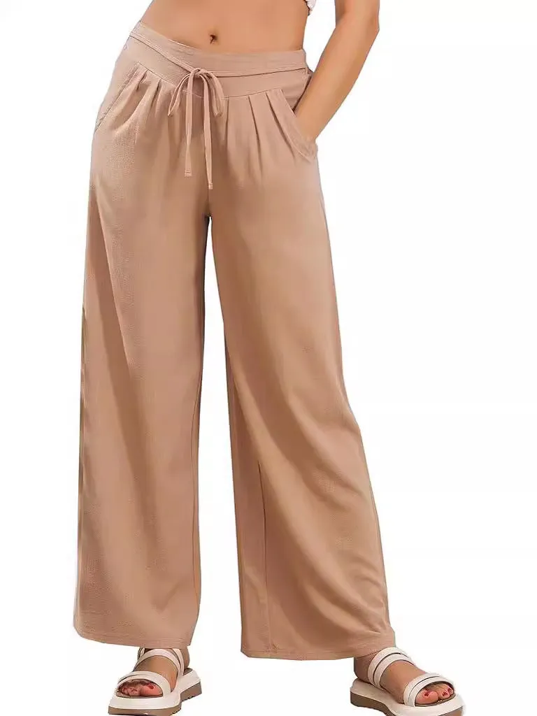 Elastic High Waist Casual Wide Leg Long Palazzo Lounge Pants Trousers