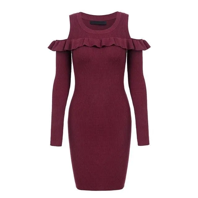 Elegant Ruffles Off Shoulder Sweater Knitted Autumn Dress