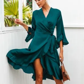 Elegant Satin Ruffle Flare Sleeve Wrap Dress