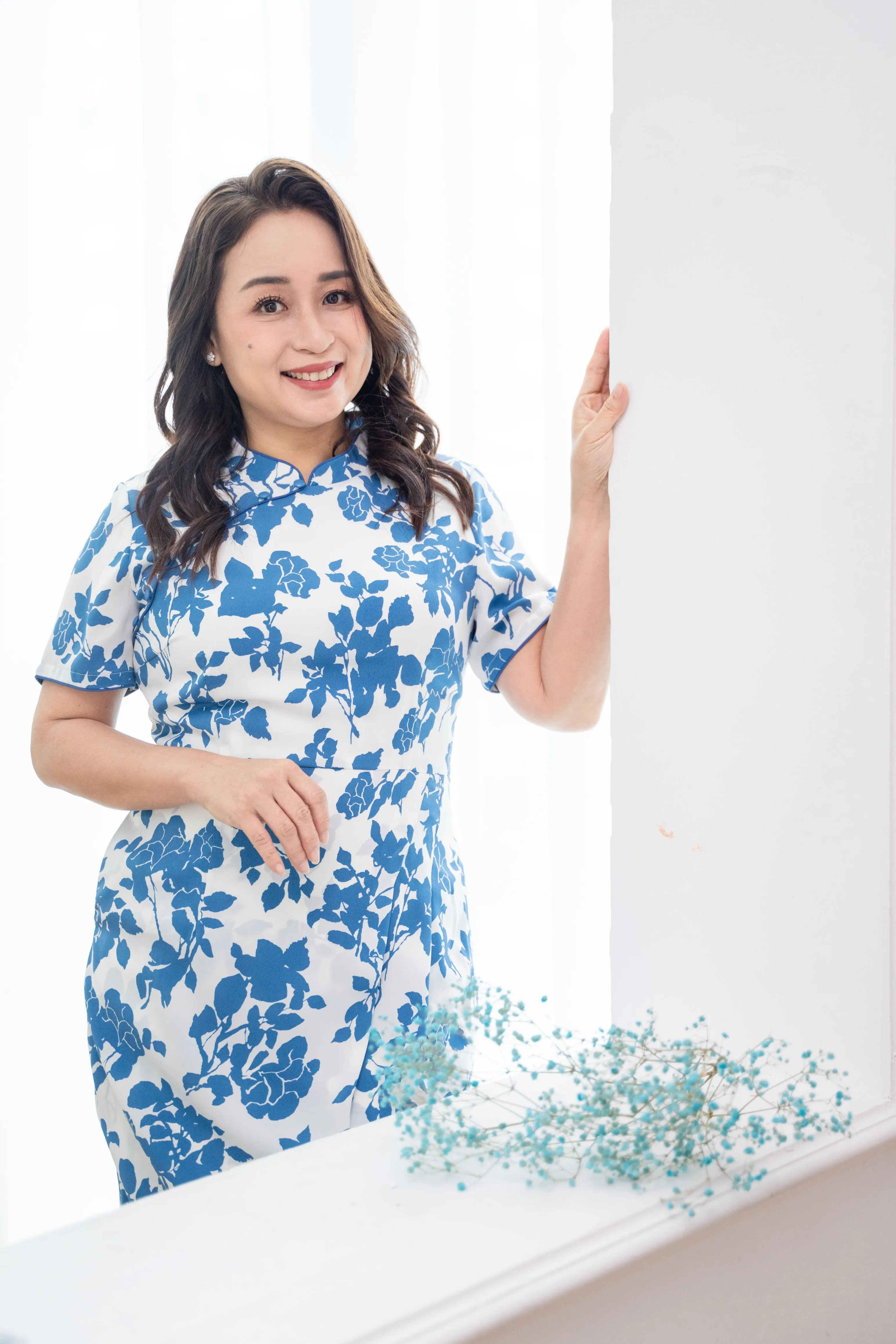 Flower Silhouette Print Cheongsam Dress