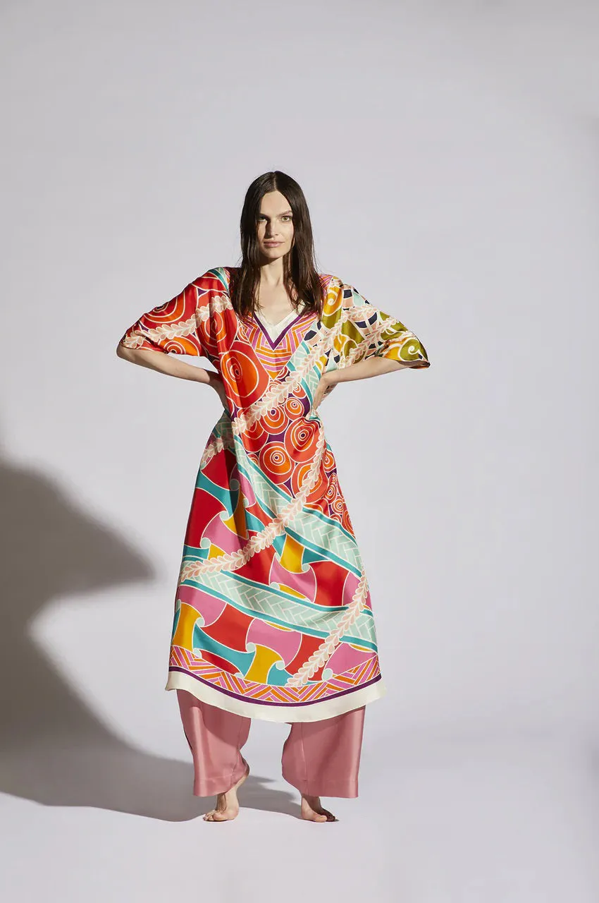 FRANCO FERRARI - ALOE POP SWIRL KAFTAN STYLE SILK DRESS