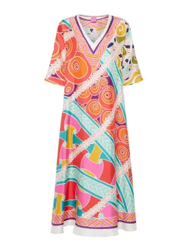 FRANCO FERRARI - ALOE POP SWIRL KAFTAN STYLE SILK DRESS