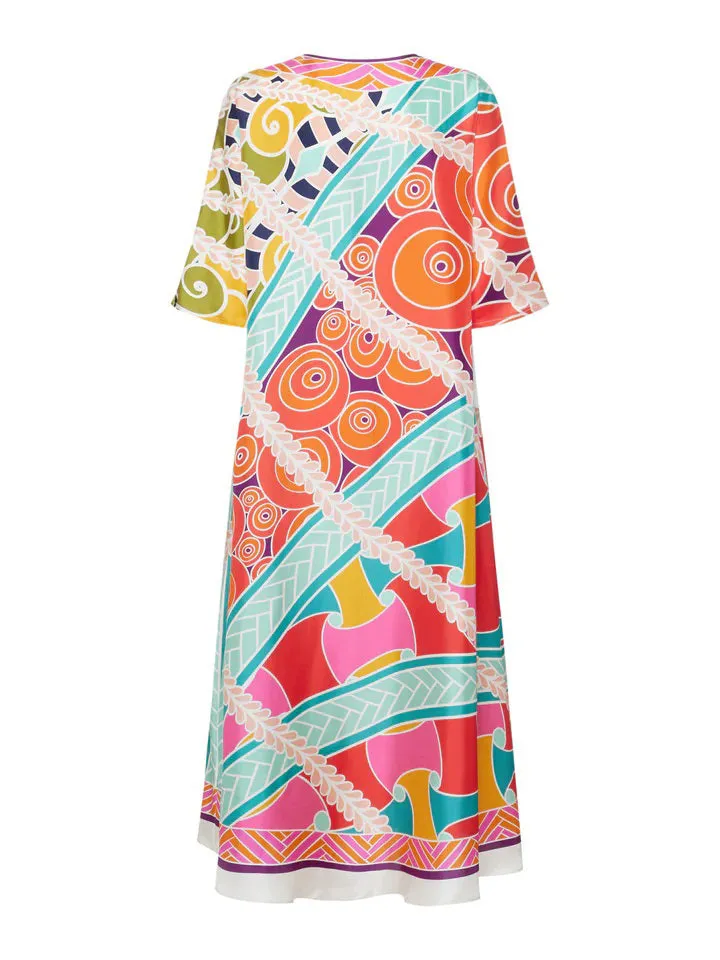 FRANCO FERRARI - ALOE POP SWIRL KAFTAN STYLE SILK DRESS