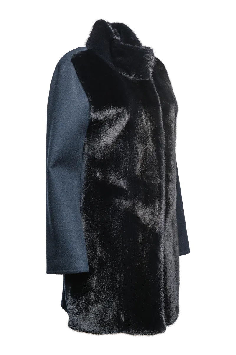 Front Mink Fur Panel and Collar Mid Length Cashmere Coat