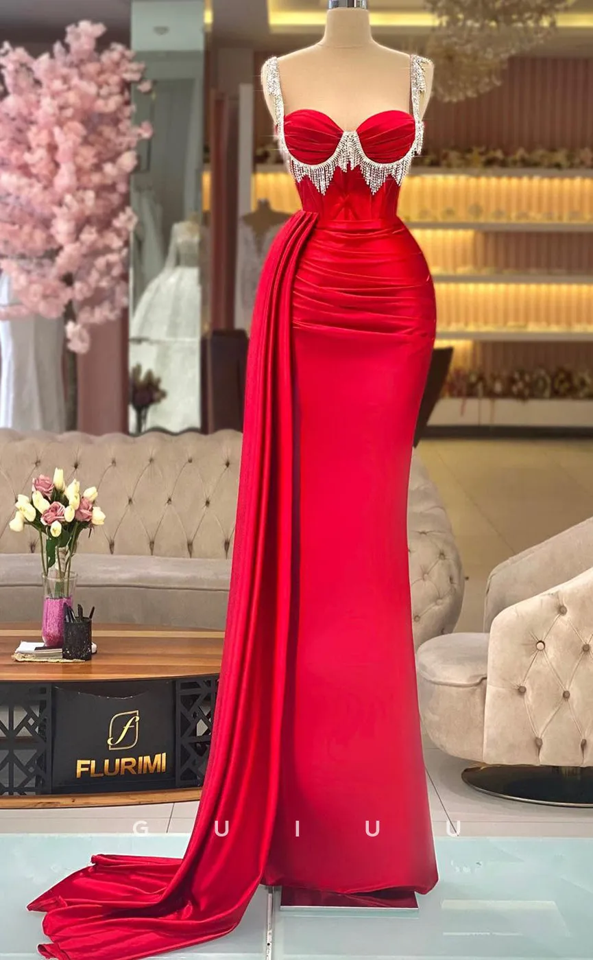 G2802 - Chic & Modern Fitted Sweetheart Bead-Fringed Ruched Prom Evening Dress