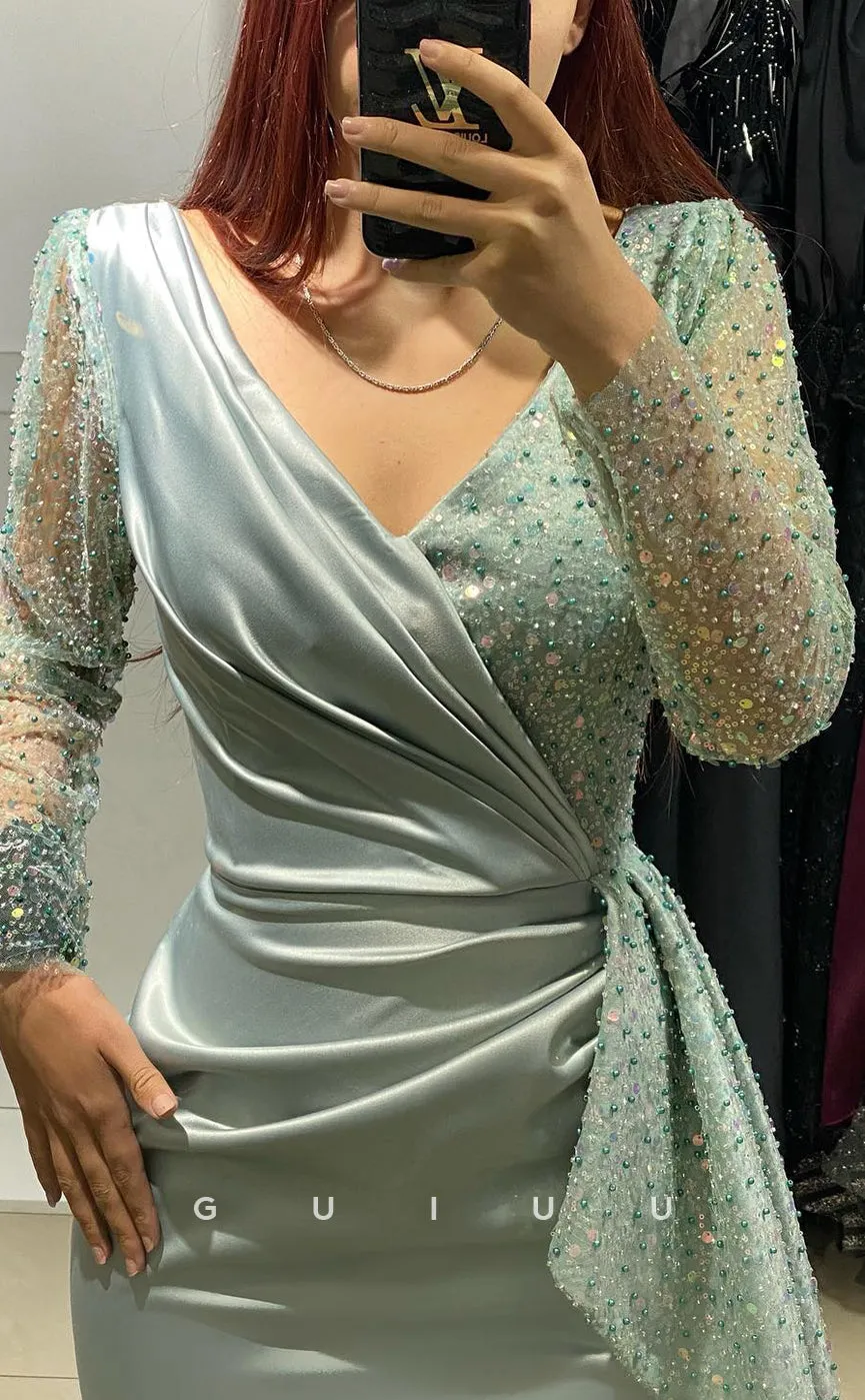 G2843 - Elegant & Fitted V-Neck Beaded Ruched Long Sleeves Prom Evening Dress