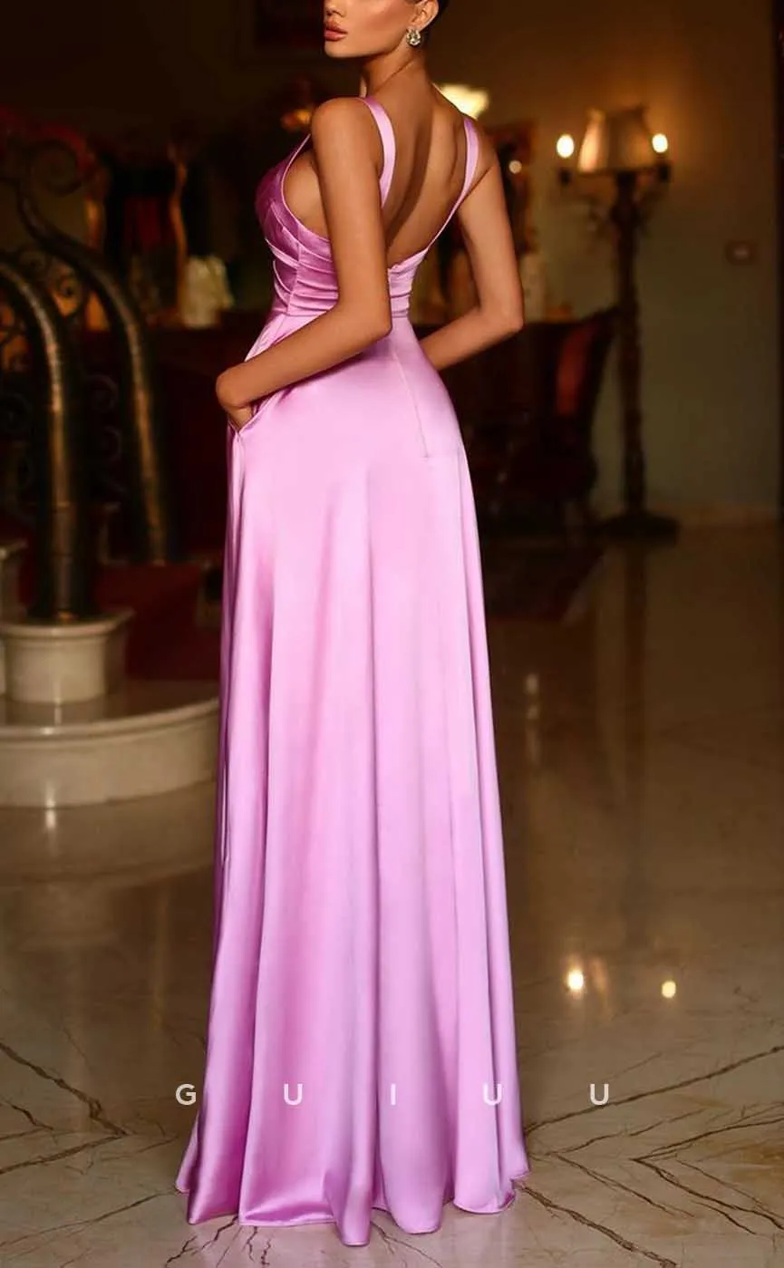 G4326 - Chic & Modern A-Line V-Neck Draped Evening Gown Prom Dress with Straps