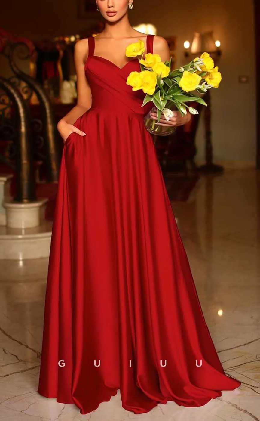 G4326 - Chic & Modern A-Line V-Neck Draped Evening Gown Prom Dress with Straps