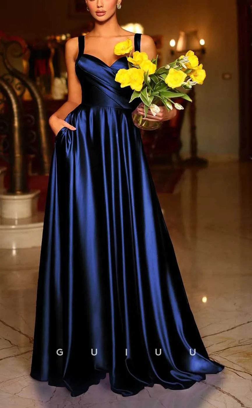 G4326 - Chic & Modern A-Line V-Neck Draped Evening Gown Prom Dress with Straps