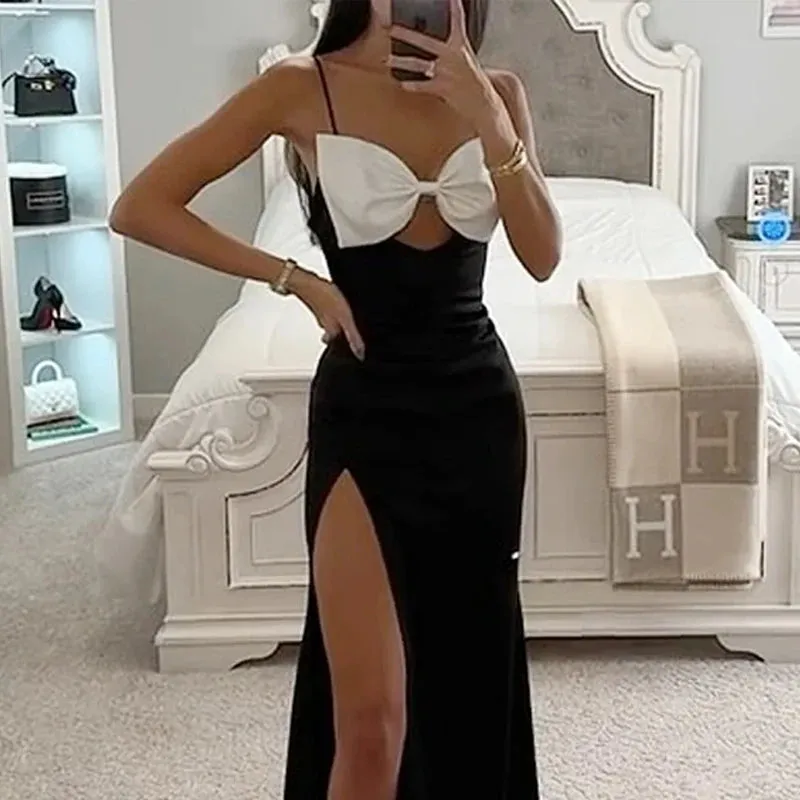 Girlary Maxi Dress Women Elegant Chic Solid Suspender Sleeveless Hollow Out With Bow Nipped Waist Slim Slit Satin Evening Dress