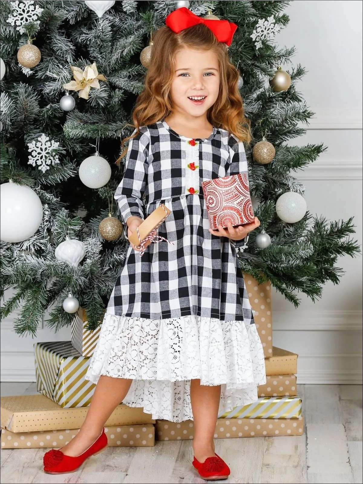 Girls Hi-Lo Gingham Long Sleeve Rose Lace Hem Dress