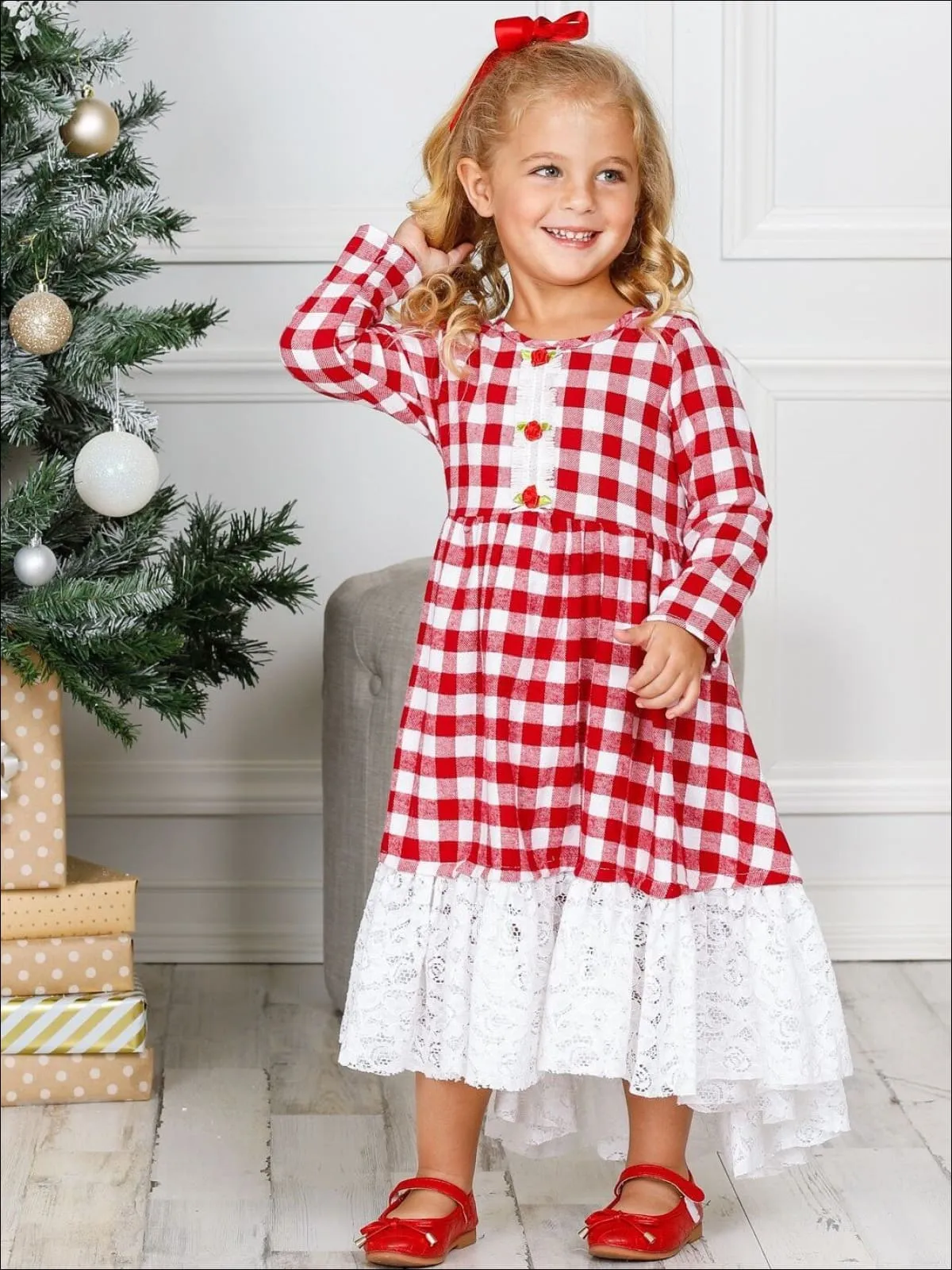 Girls Hi-Lo Gingham Long Sleeve Rose Lace Hem Dress