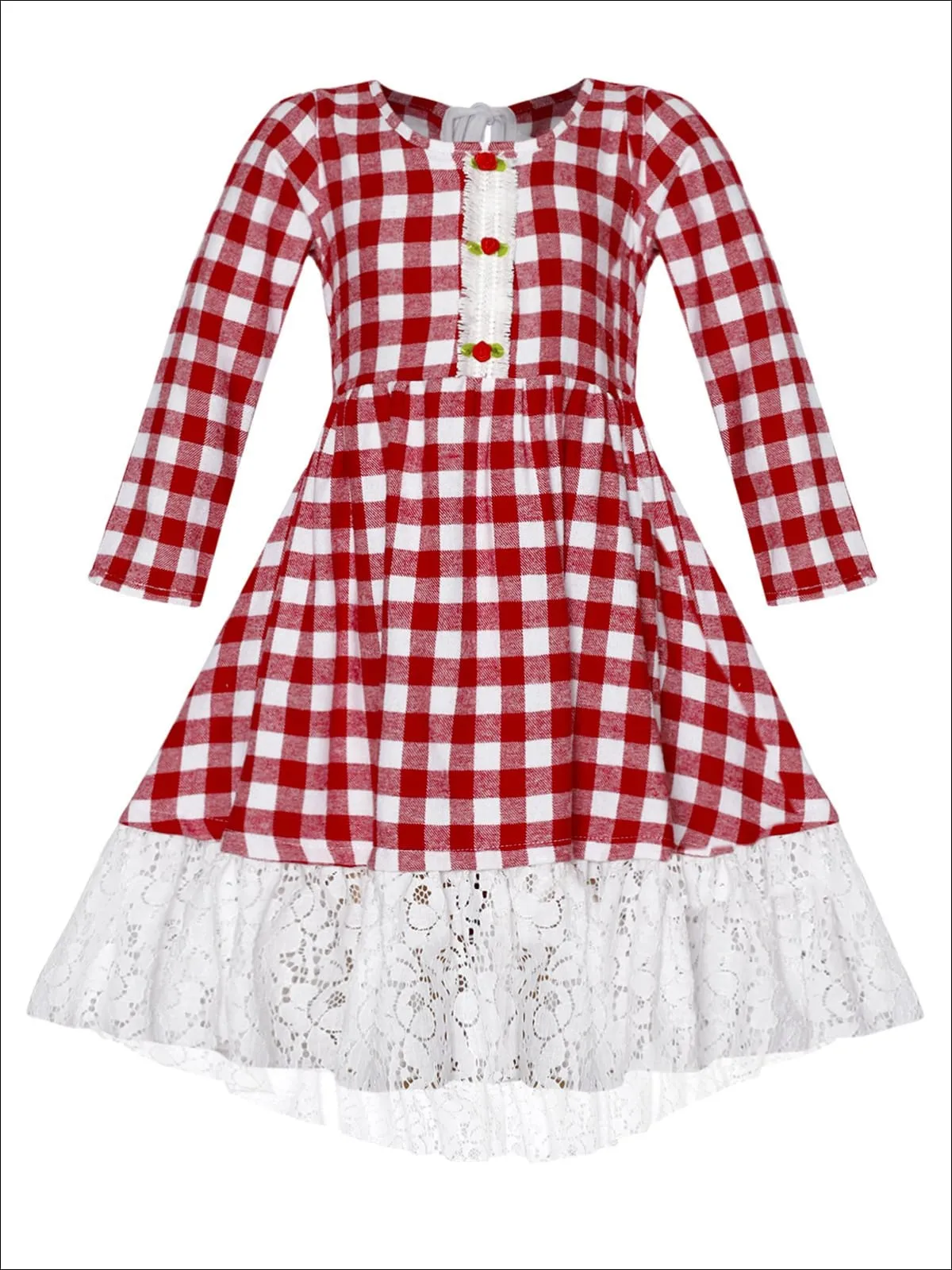 Girls Hi-Lo Gingham Long Sleeve Rose Lace Hem Dress