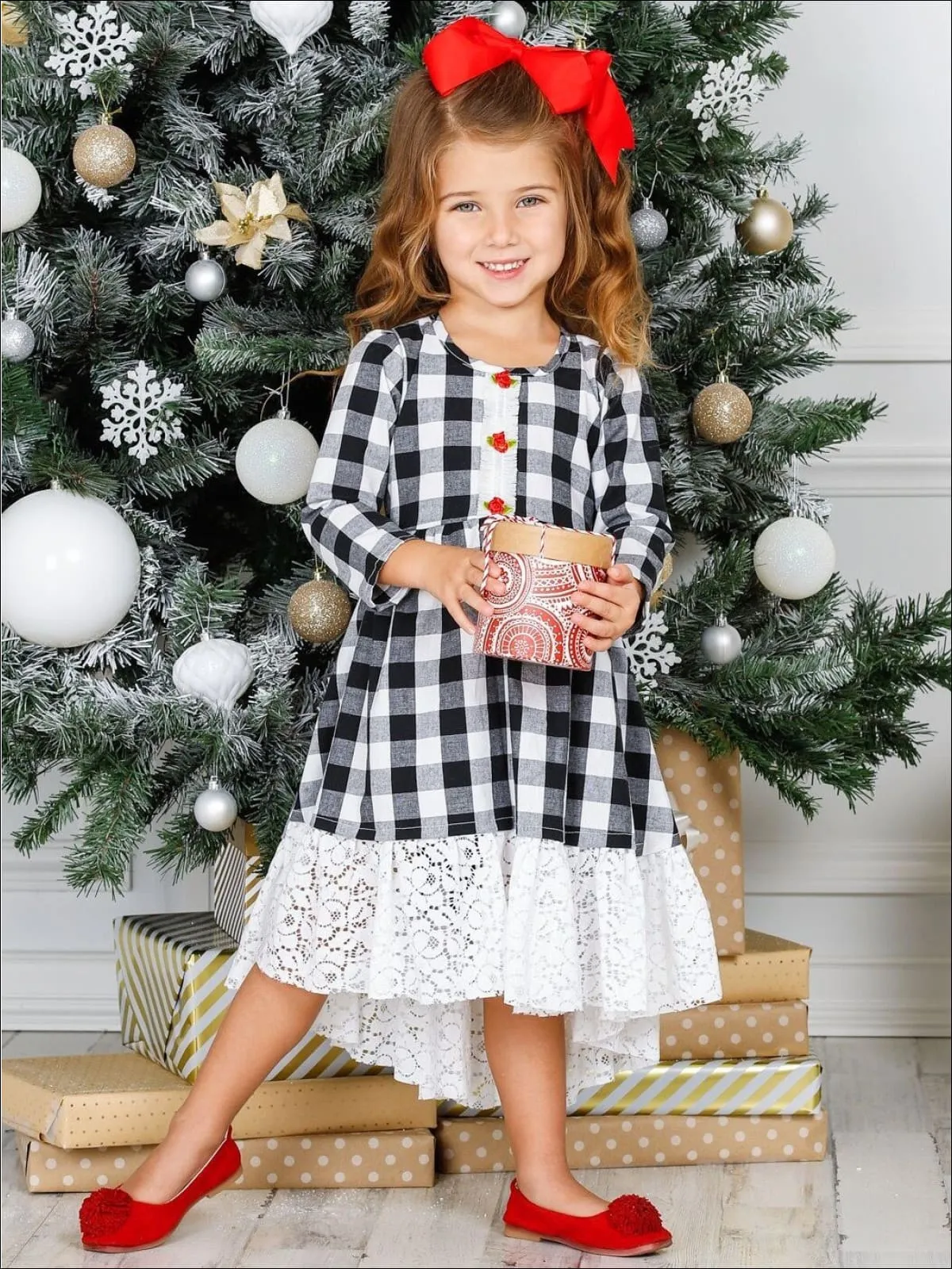 Girls Hi-Lo Gingham Long Sleeve Rose Lace Hem Dress