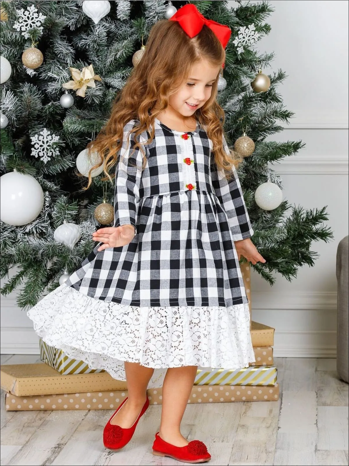 Girls Hi-Lo Gingham Long Sleeve Rose Lace Hem Dress