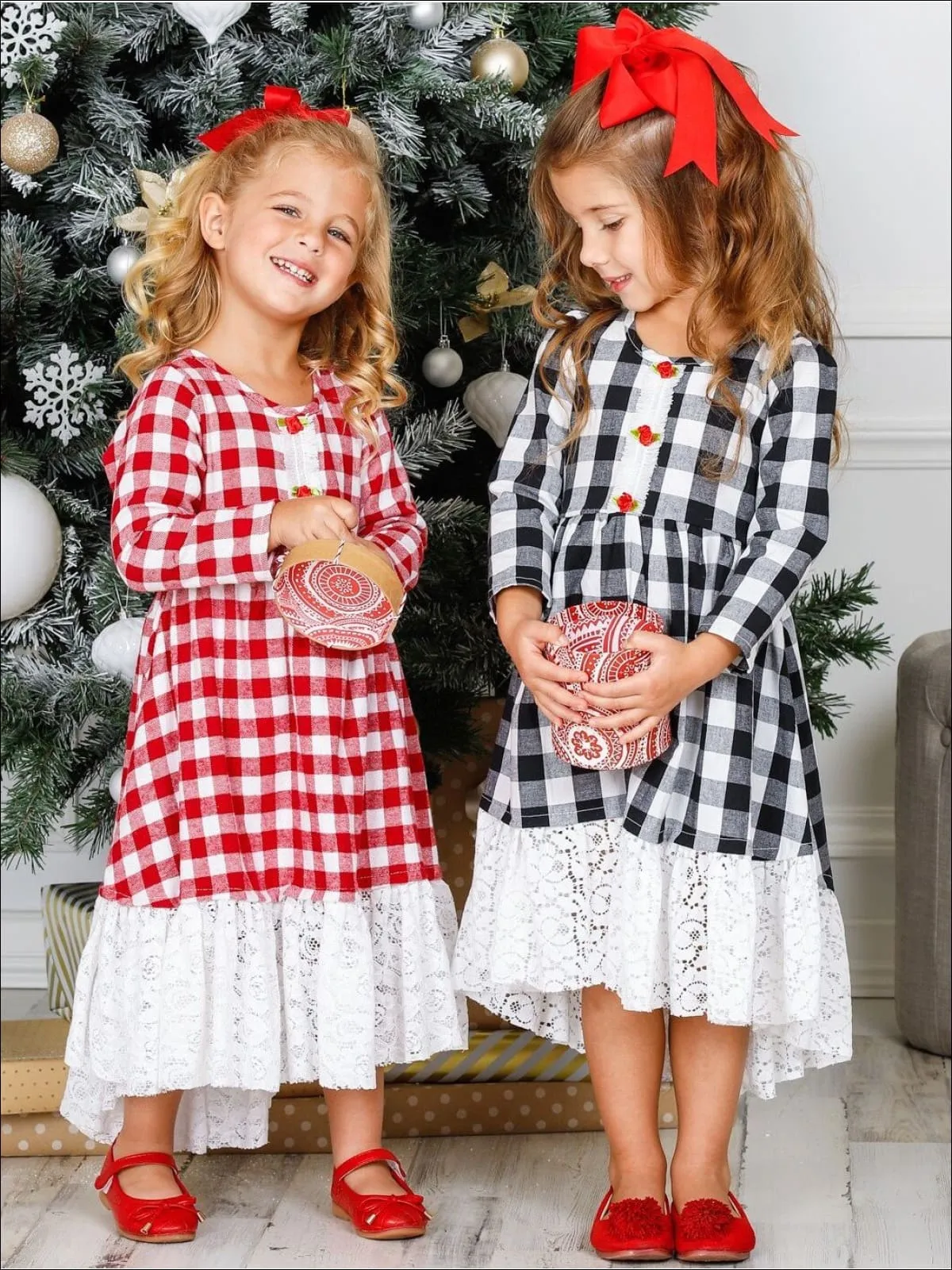 Girls Hi-Lo Gingham Long Sleeve Rose Lace Hem Dress