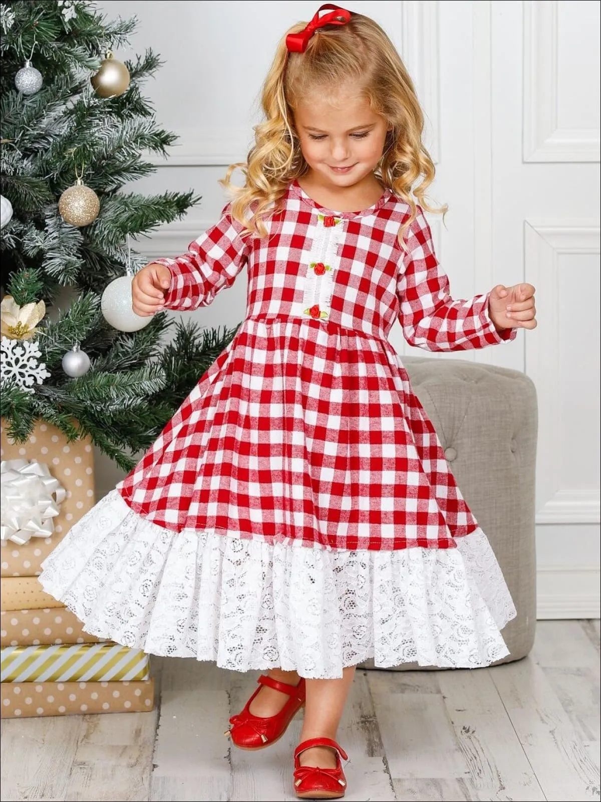 Girls Hi-Lo Gingham Long Sleeve Rose Lace Hem Dress