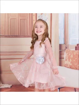 Girls Pink Long Sleeve Lace Audrey Twirl Dress with Silver Flower And Silver Embroidery