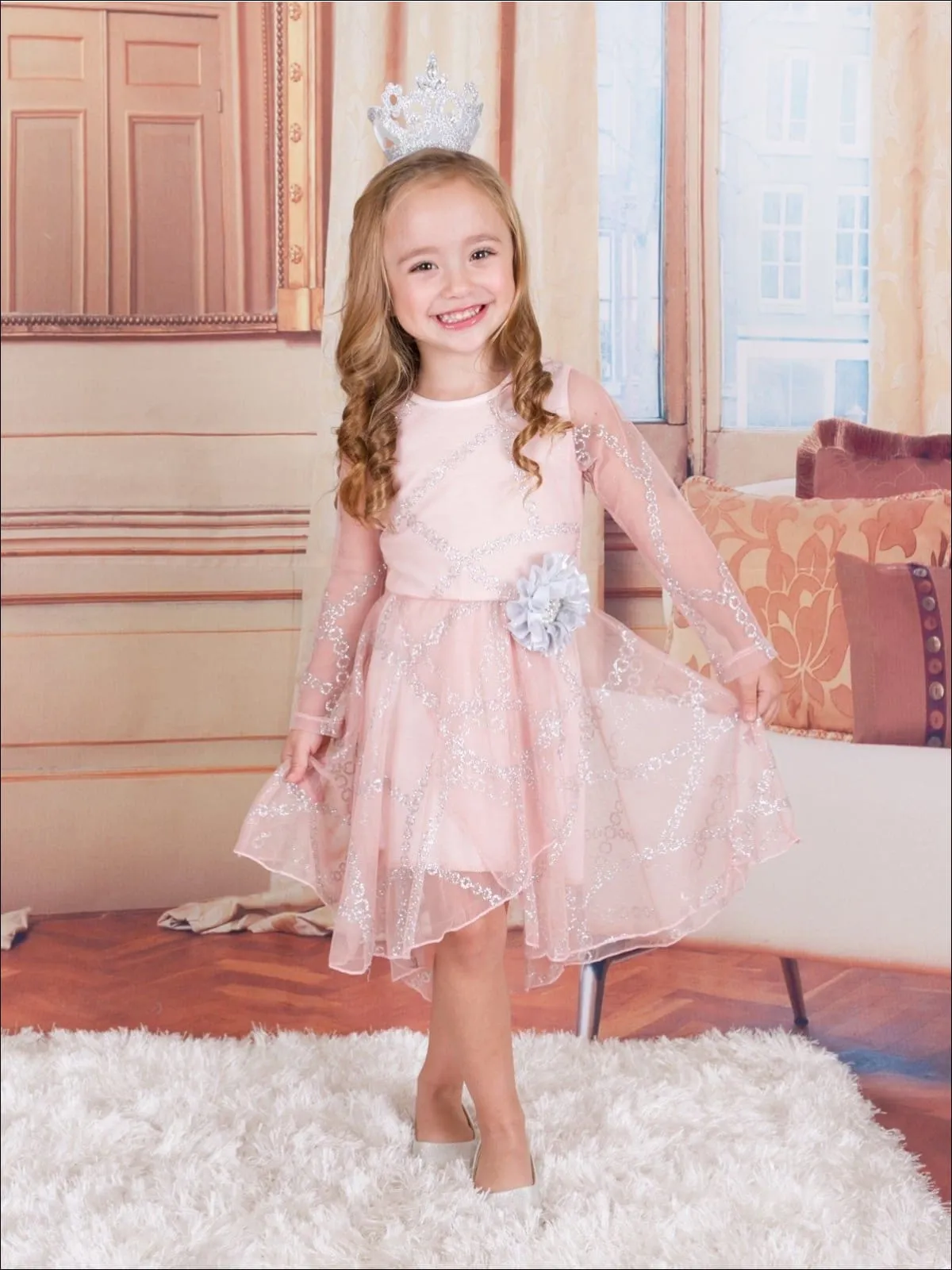 Girls Pink Long Sleeve Lace Audrey Twirl Dress with Silver Flower And Silver Embroidery