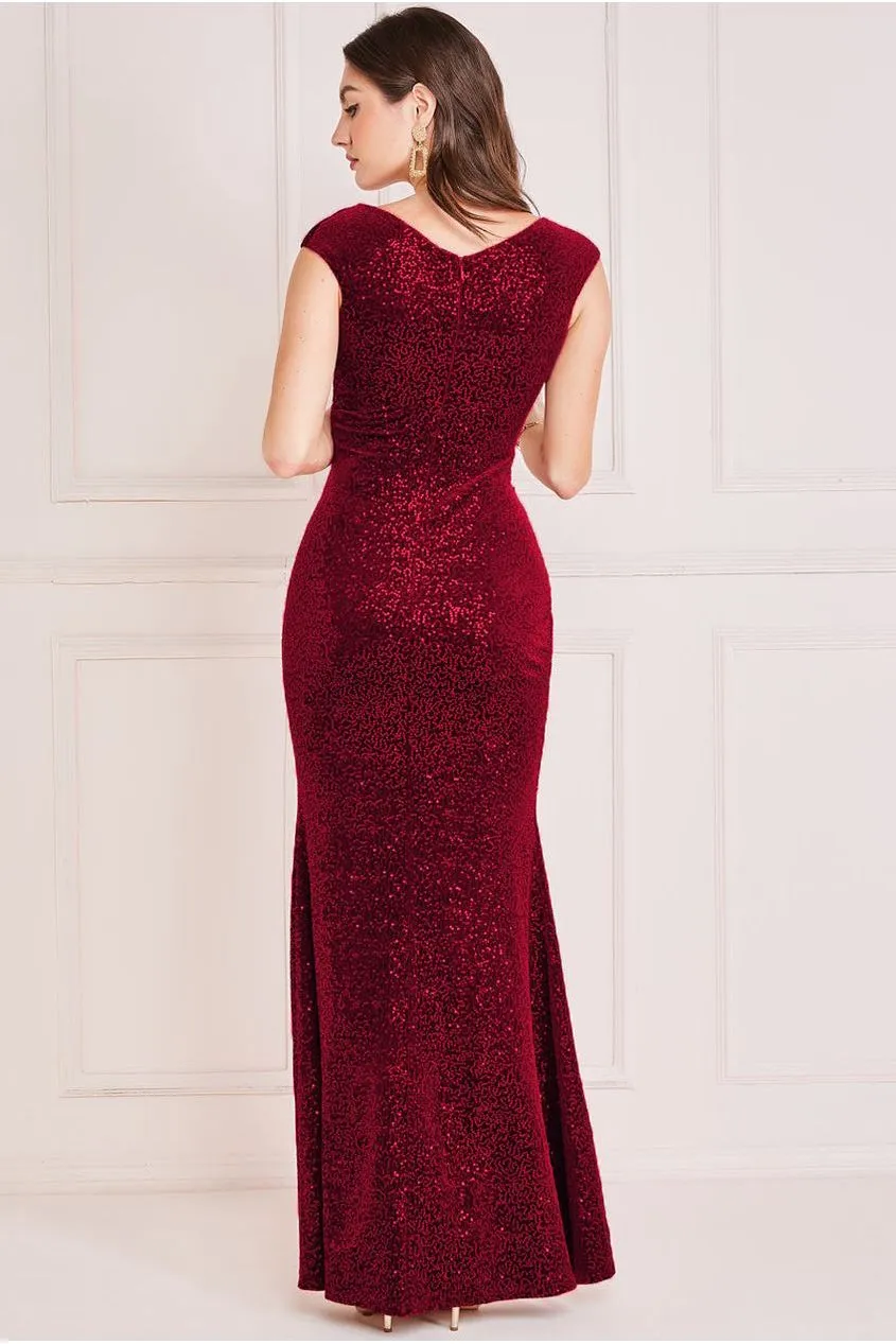 Goddiva Sequin & Velvet Bardot Maxi Dress - Wine