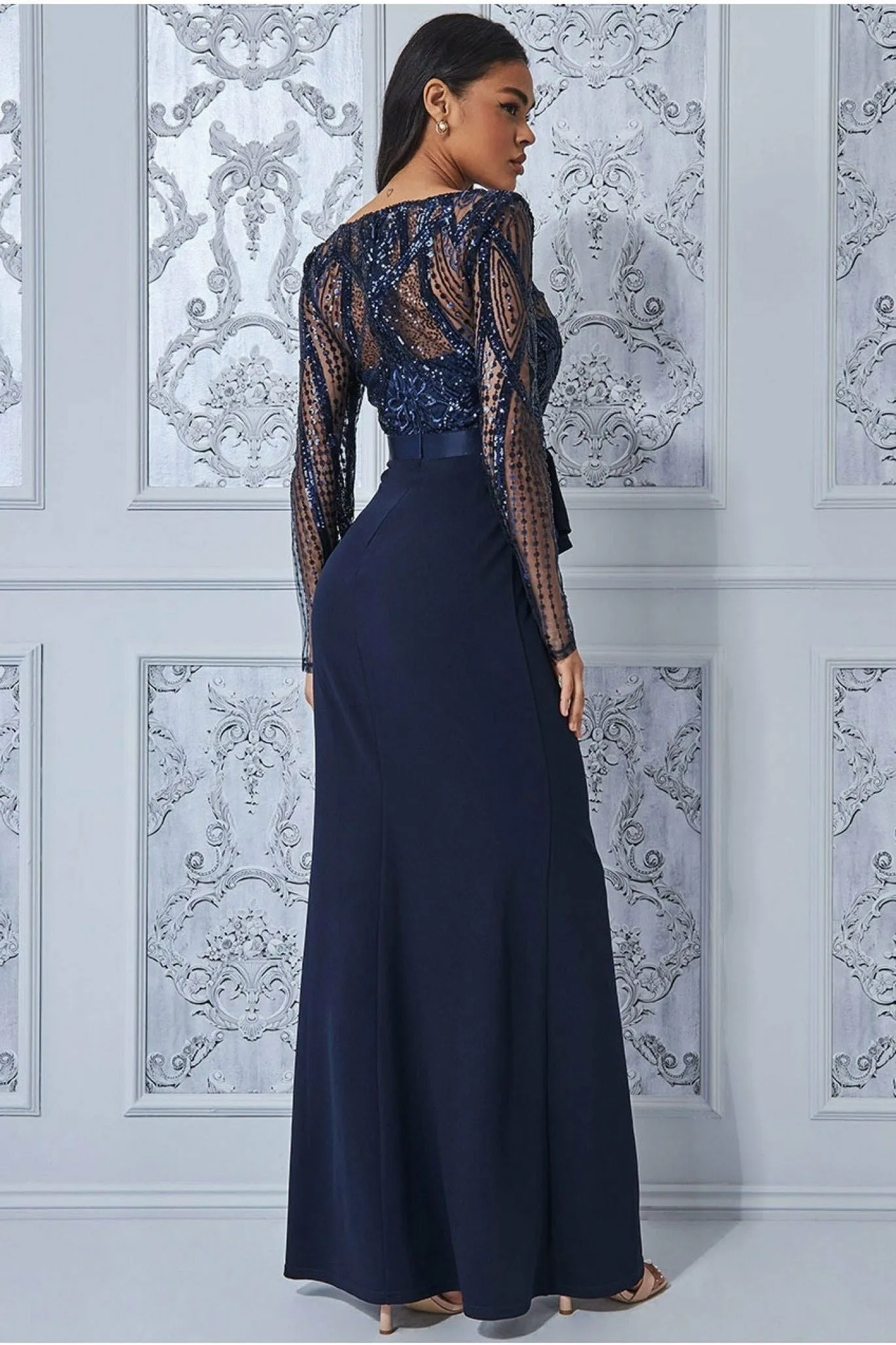 Goddiva Sequin Bodice With Front Frill Maxi - Navy