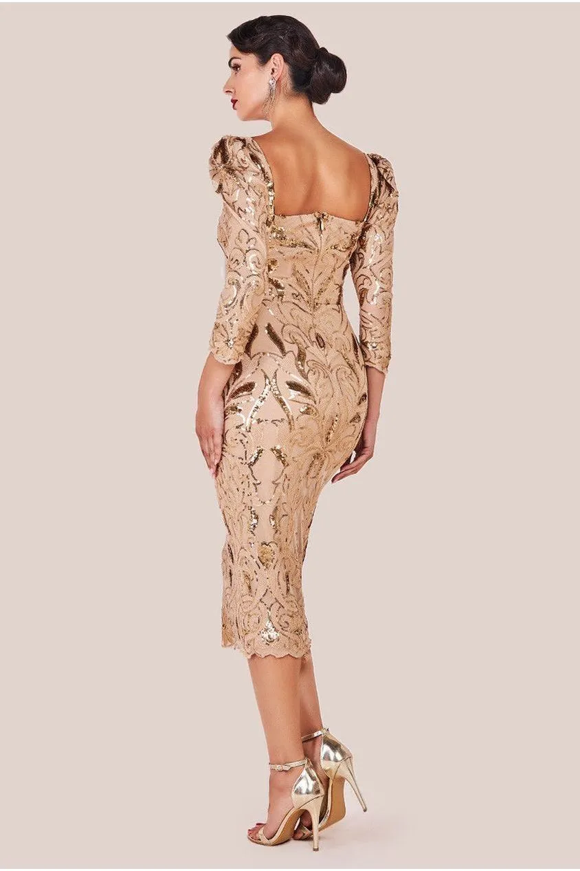 Goddiva Square Neck Scalloped Lace Midi Dress - Champagne