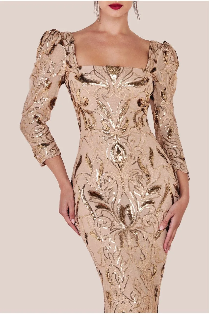 Goddiva Square Neck Scalloped Lace Midi Dress - Champagne