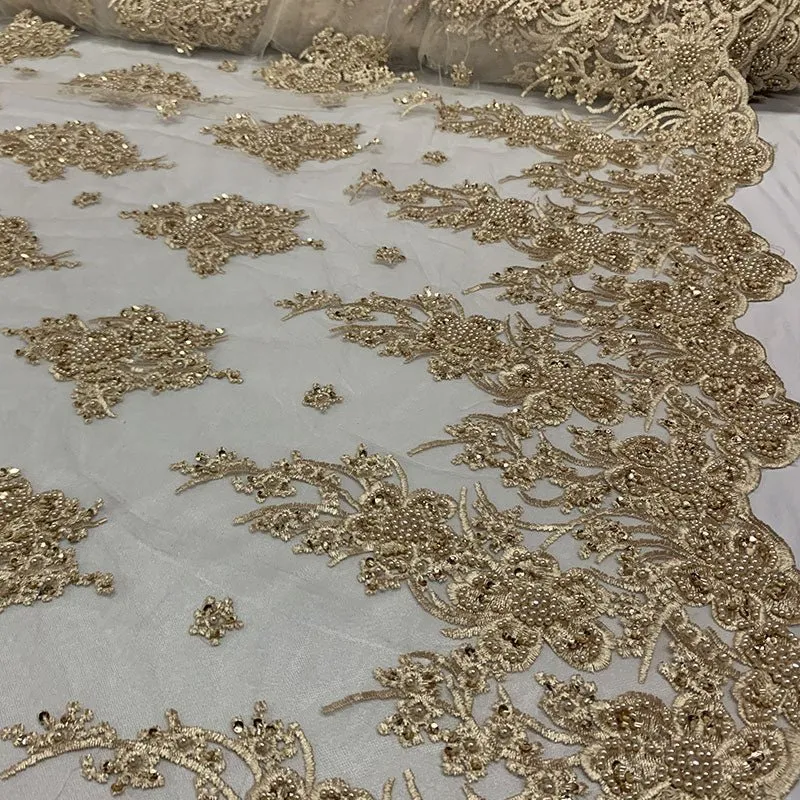 Gold Beaded Fabric _ Lace Floral embroidered fabric _ Bridal Fabric