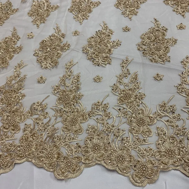 Gold Beaded Fabric _ Lace Floral embroidered fabric _ Bridal Fabric