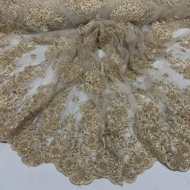 Gold Beaded Fabric _ Lace Floral embroidered fabric _ Bridal Fabric