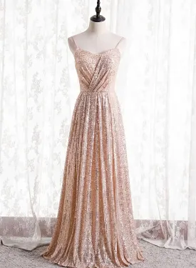 Gold Sequins Sweetheart Simple Spaghetti Straps Long Party Dress, Sequins Prom Dress Bridesmaid Dress