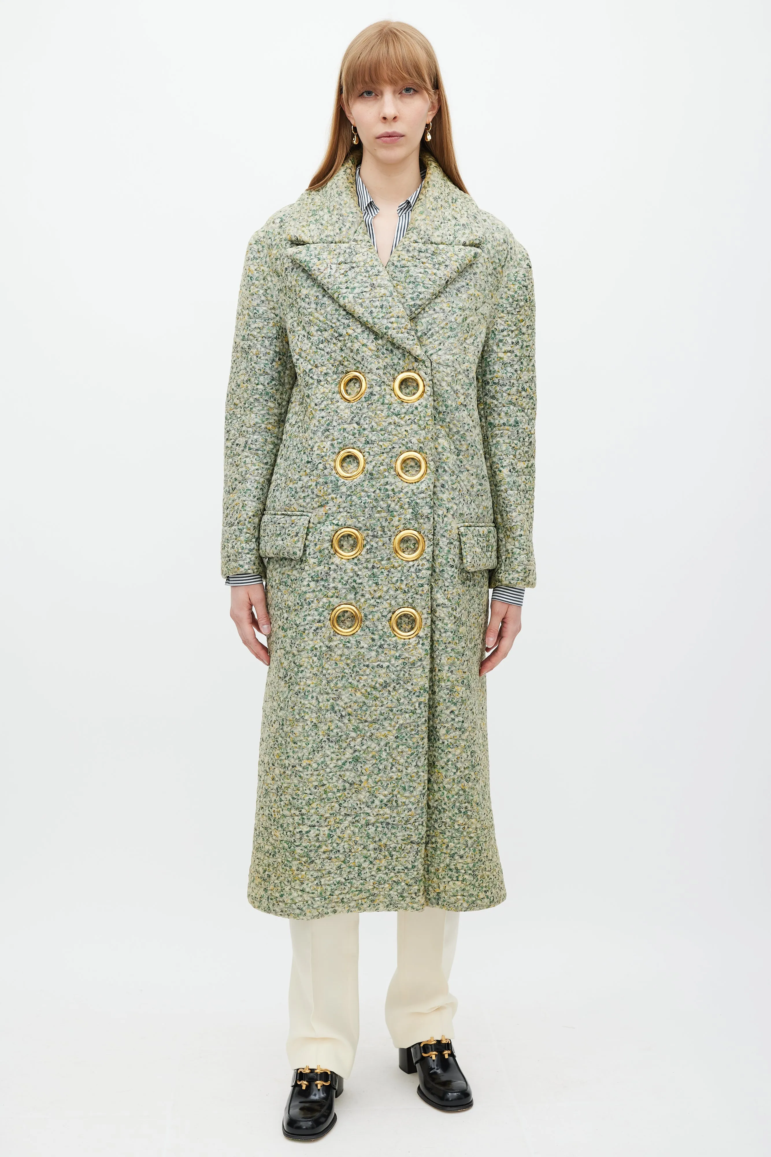 Green & Multicolour Laminated Cashmere Coat